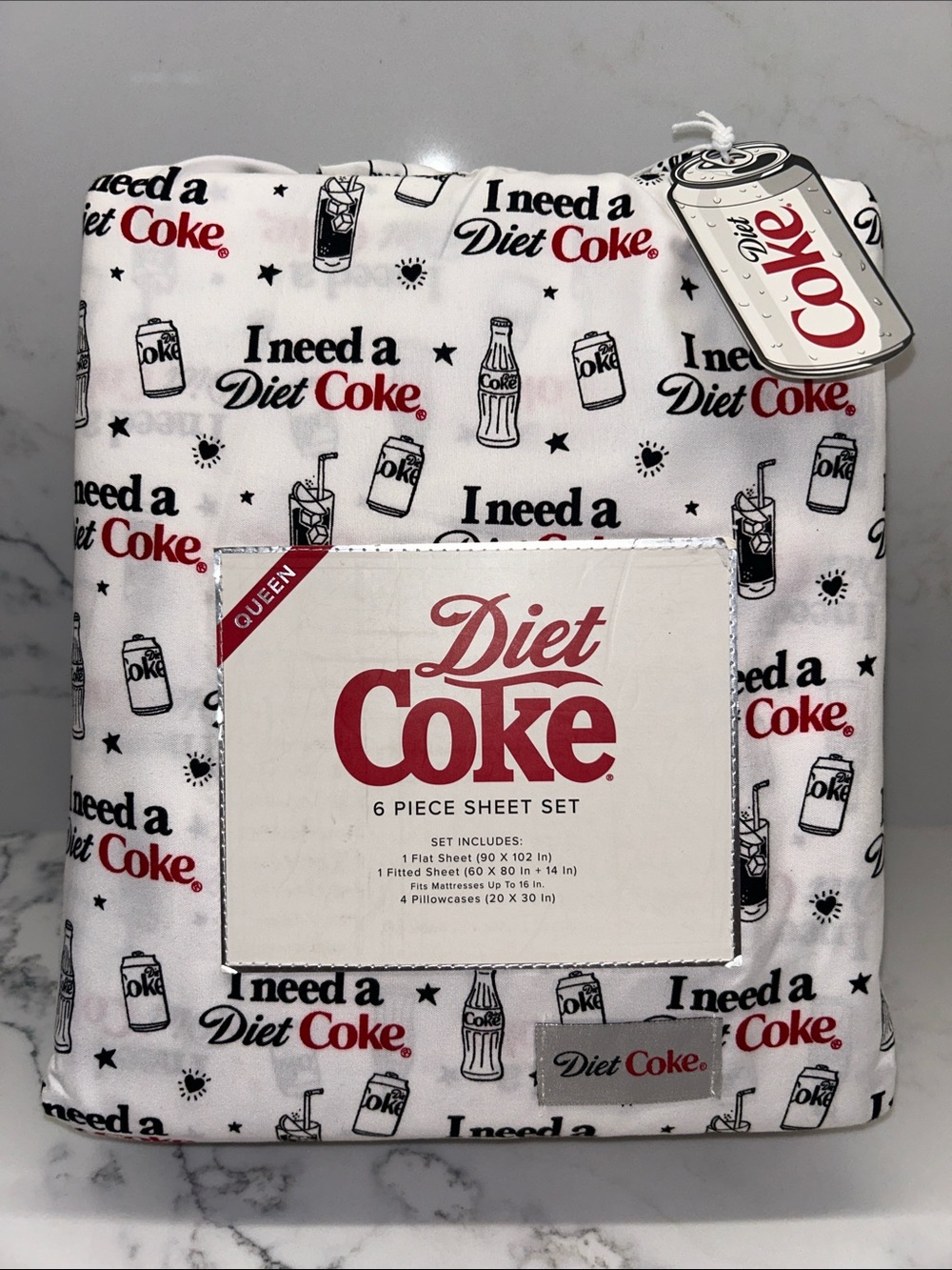 Diet Coke Queen 6 Piece Sheet Set “I Need a Diet Coke” White Coca-Cola Bedding